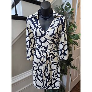 Julie Brown Shift Dress S Navy Ivory Peruzzi Wrap Tie-Waist 3/4 Sleeve Party